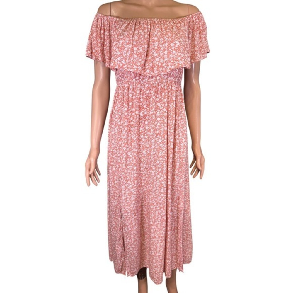 Coolmee Pink Floral Off The Shoulder Smocked Waist Midi Dress Side Slit Size M